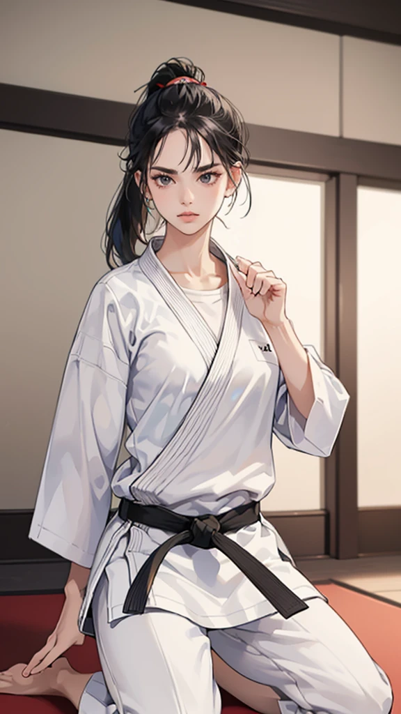 ((Highest quality)), ((masterpiece)), (detailed) Slender female karateka Mature Woman ((seiza)) Open chest Karate Dojo Black Hair ponytail ((White T-shirt underneath the karate uniform)) clavicle Black belt sit White pants,A loose, short-sleeved, plain white garment, Loose white short-sleeved karate uniform Décolletage Open chest karate gi