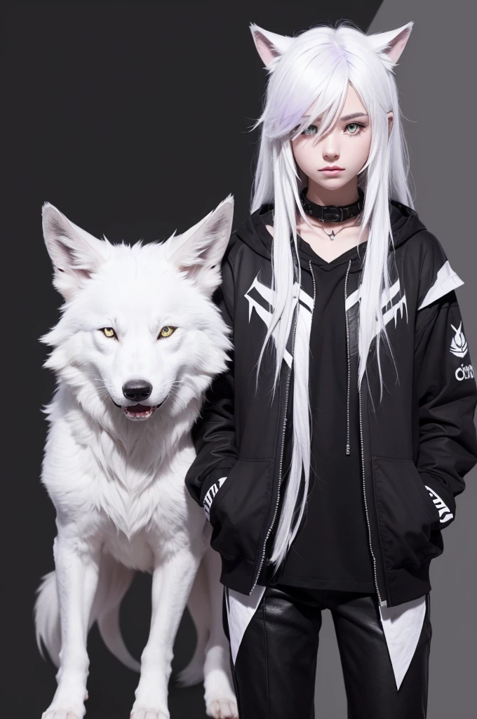 An oc of an hybrid that is half white wolf, half white shark and with heterochromia. Worn in black clothes with hair that is half purple and half black