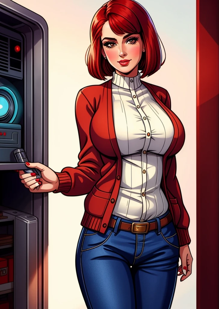 pretty woman, (1girl:1.3),

Cardigan,
Red hair,
Lob (long bob),
Trousers,
rubenesque, pinup,
cowboy shot, standing , in a retro-futuristic setting, atompunk style,

white background, blank background
