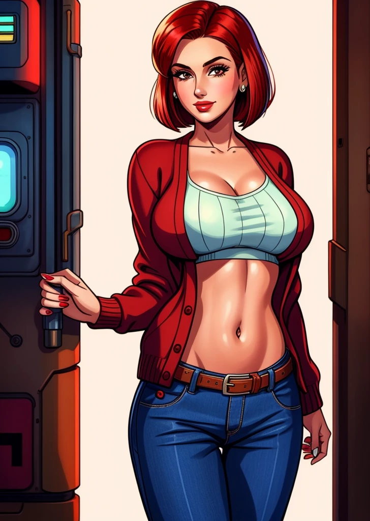 pretty woman, (1girl:1.3),
Cardigan,
Red hair,
Lob (long bob),
Trousers,
rubenesque, pinup,
cowboy shot, standing , in a retro-futuristic setting, atompunk style,
white background, blank background