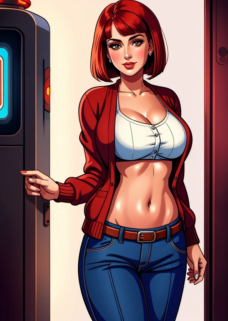 a woman in jeans and a red t-shirt with jeans jacket posing for a picture, beautiful face, red lips, red hair, perfect body shape , beautiful alluring anime woman, extremely detailed artgerm, as seen on artgerm, style artgerm, cleavage, revealing clothes, artgerm comic, artgerm. anime illustration, like artgerm, detailed digital anime art, full body (NSFW breasts), hdri, extremely naked, nude, nua, pelada, nsfw, gigantic breast 1.9