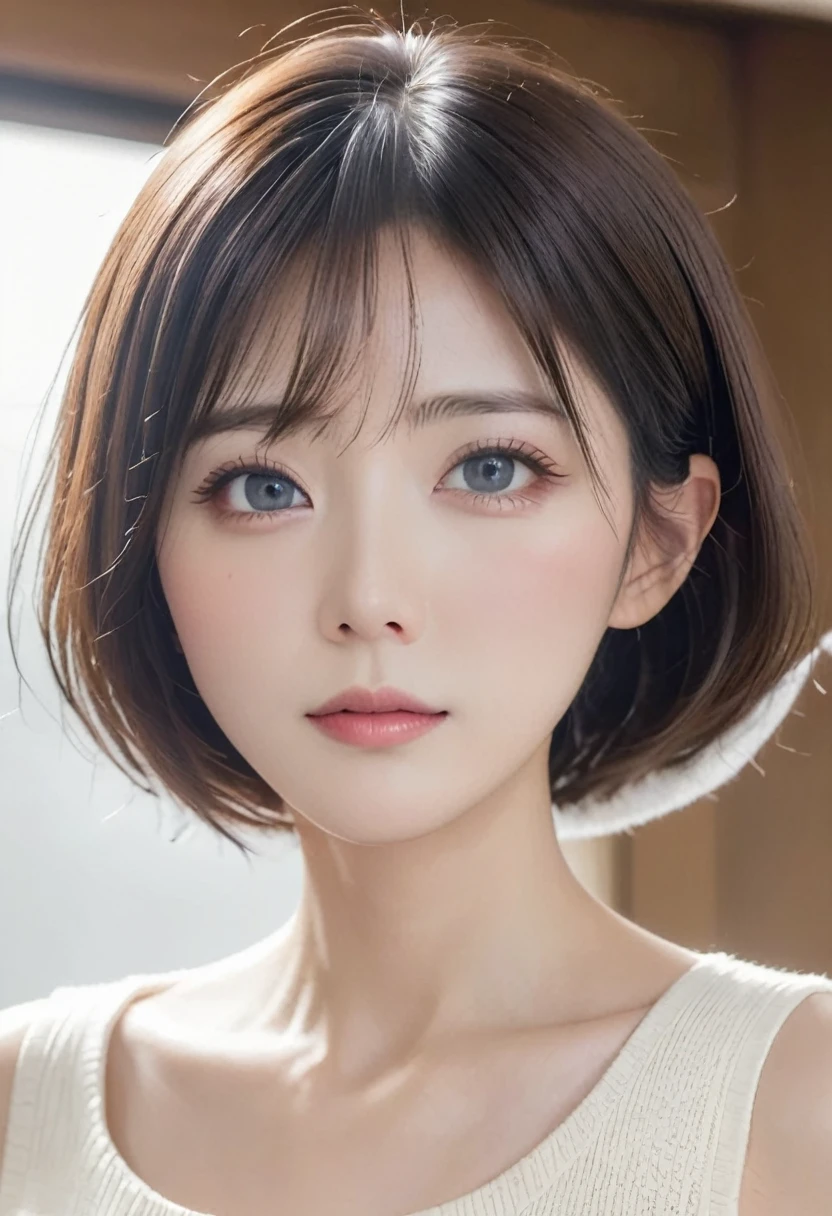 ((Highest quality, 8K, masterpiece, Portraiture: 1.3)), (Looking up at the audience),Realistic, Sharp focus, Beautiful Japanese Woman, Cowboy Shot、 25-year-old housewife、,One-length short bob cut、, ((Beautifully detailed skin)), ((double eyelid, eyelash, Lip gloss)), Standing at the entrance to greet you、Detailed face、Detailed eyes、Symmetrical eyes、