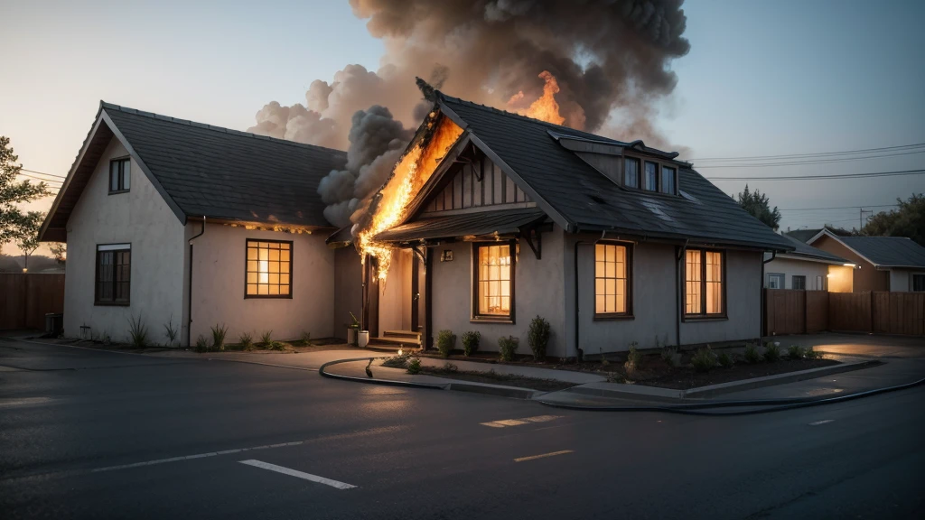 Community center burning, animated, UHD