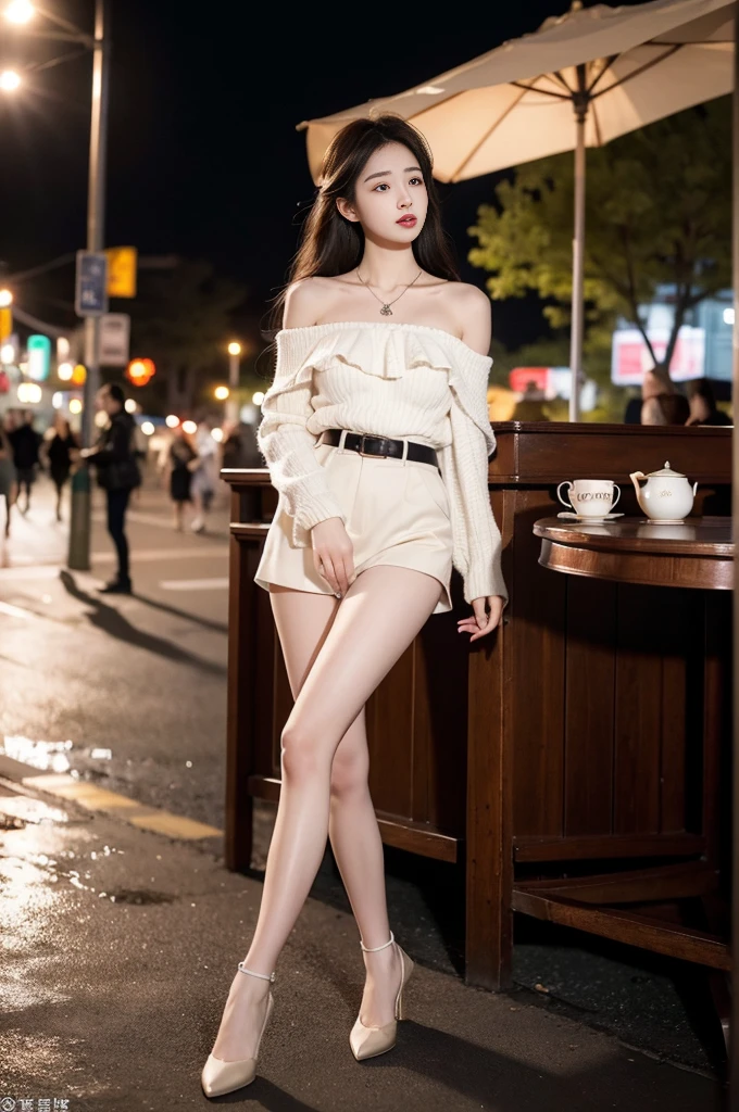 Front Angle, (8K, best quality, masterpiece:1.2), (Practical, photo-Practical:1.37), Extremely detailed, 1 girl, Looking at the audience, Beautiful and detailed sky, Detailed café street, sit, full_Body, Small head, Exquisite necklace, beautiful legs:1.2, Long legs:1.2, Slender legs, High heel:1.3, White socks:1.4, Medium breasts, High waist, Willow Waist, Off-shoulder, belt, Short bottoms, Beautiful and delicate eyes, daytime, Warm colors, White lace, (Long hair:1.4), 银色中Long hair, White skin, light, Street Lights, (Tea table:1), (handbag:1), ulzzang-6500-v1.1:0.66