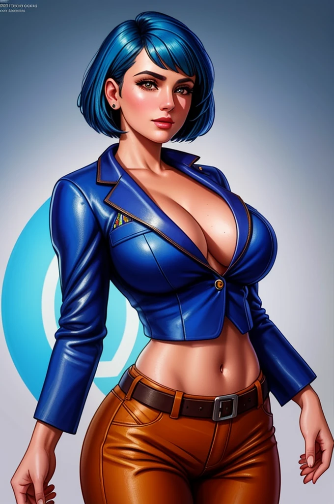 pretty woman, (1girl:1.3),
Cropped Blazer,
Blue hair,
Layered haircut,
Flared pants,
rubenesque, pinup,
cowboy shot, standing , in a retro-futuristic setting, atompunk style,
white background, blank background,, (Extremely Detailed Oil Painting:1.2), glow effects, godrays, Hand drawn, render, 8k, octane render, cinema 4d, blender, dark, atmospheric 4k ultra detailed, cinematic sensual, Sharp focus, humorous illustration, big depth of field, Masterpiece, colors, 3d octane render, 4k, concept art, trending on artstation, hyperrealistic, Vivid colors, extremely detailed CG unity 8k wallpaper, trending on ArtStation, trending on CGSociety, Intricate, High Detail, dramatic, absurdes