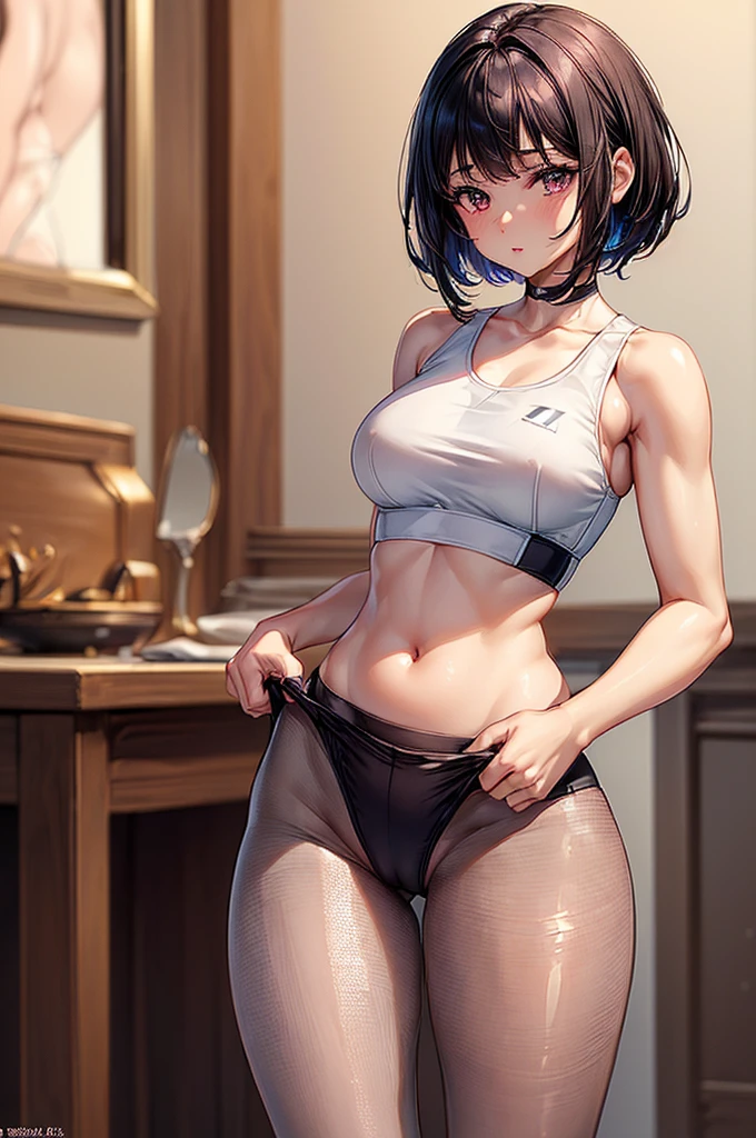 ((highest quality)),(ultra high resolution),(Super detailed),(detailed description),((best CG)),(best work of art),super precision art, great drawing art,(Art with precise details:1.5), (sleeveless sports bra with opaque waist high plain style pantyhose under crotchless panties 1 woman:1.5), beautiful and well-shaped face:1.5,(Beautiful skin with precise and detailed depiction:1.6),(:1.5),provocative angle:1.6,gorgeous, beautiful young age girl, 13 yghtly tanned white skin, short shoulder length hair, sleek dark violet-black hair, Pixie cut hair, big round velvet colored eyes, fringe bangs over forehead, oval shaped face, sharp facial features, high-bridged nose, full cherry pink lips. medium height(172cm). D-cup breasts, small narrow waist. small delicate curvy hips, smooth silky thick thighs, large round ass, hourglass figure, slim yet plump thick build, standing upright, full body picture, hip-level shot. classy and opulent bedroom setting