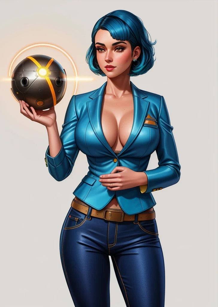 Cropped Blazer,
Blue hair,
Layered haircut,
Flared pants,
rubenesque, pinup,
cowboy shot, standing , in a retro-futuristic setting, atompunk style, golden orb,

white background, blank background,, (Extremely Detailed Oil Painting:1.2), glow effects, godrays, Hand drawn, render, 8k, octane render, cinema 4d, blender, dark, atmospheric 4k ultra detailed, cinematic sensual, Sharp focus, humorous illustration, big depth of field, Masterpiece, colors, 3d octane render, 4k, concept art, trending on artstation, hyperrealistic, Vivid colors, extremely detailed CG unity 8k wallpaper, trending on ArtStation, trending on CGSociety, Intricate, High Detail, dramatic, absurdes