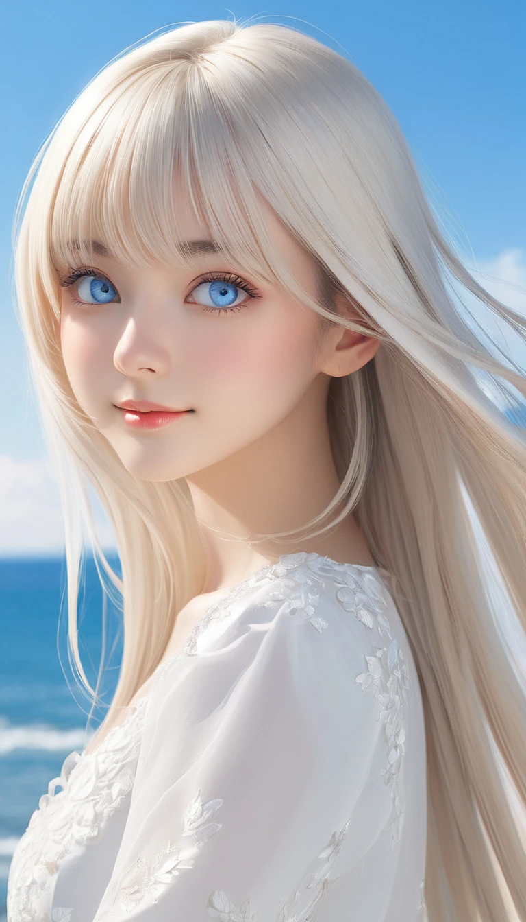 (masterpiece, Highest quality:1.2), One girl, Shiny platinum blonde silk super long straight hair, beautiful shiny bangs, big clear sky blue eyes, very beautiful bright eye highlightaster piece , best quality