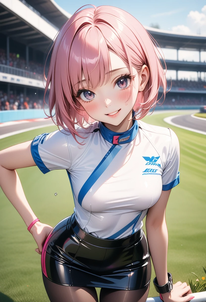 Vivid Color, ((race queen)), ((skirt)), luster Outfit, (Black pantyhose), (latex high heel boots), skindentation, skinny, solo, (1 sexy woman), Masterpiece, highest quality, highest quality, 16K, incredibly absurd, highly detailed, 2.5D, ai-generated, delicate and dynamic, very delicate facial expressions, delicate eye depiction, erotic, only sexy woman, ((A cute and kind face)), healthy figure, ((25-year-old woman)), 160cm tall, medium firm swaying bust, (short hair), (pink hair:1.5), bob cut, black eye, blush, Sweat,Embarrassed,sexy, ((thin thighs)), (camel toe:0.8), (Erect nipples:0.9), (visible nipples:0.5), ((shiny and lustrous)), facing straight at viewer, smile, (standing), cowboy shot, ((arm at side)), Large park, daytime, bright, on the grass,