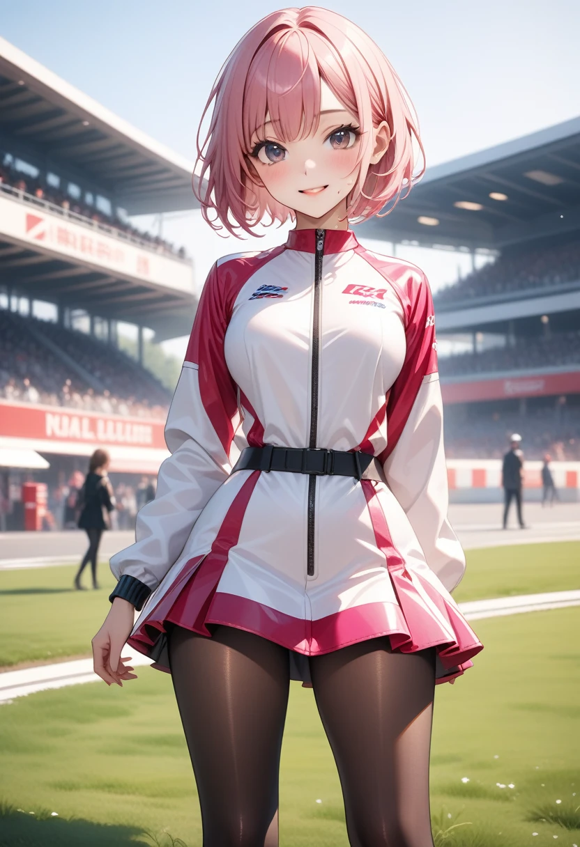 Vivid Color, ((race queen)), ((skirt)), luster Outfit, (Black pantyhose), (latex high heel boots), skindentation, skinny, solo, (1 sexy woman), Masterpiece, highest quality, highest quality, 16K, incredibly absurd, highly detailed, 2.5D, ai-generated, delicate and dynamic, very delicate facial expressions, delicate eye depiction, erotic, only sexy woman, ((A cute and kind face)), healthy figure, ((25-year-old woman)), 160cm tall, medium firm swaying bust, (short hair), (pink hair:1.5), bob cut, black eye, blush, Sweat,Embarrassed,sexy, ((thin thighs)), (camel toe:0.8), (Erect nipples:0.9), (visible nipples:0.5), ((shiny and lustrous)), facing straight at viewer, smile, (standing), cowboy shot, ((arm at side)), Large park, daytime, bright, on the grass,