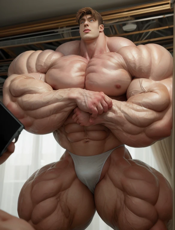 1 man, leo_this_guy, giant, giant bodybuilder, stand, illuminating light, strong body, bulk, large size, staring, in the white photo studio room, nude, white triangular underwear, prominent bulge, extraordinary big, brutalmass, giant, muscular body, bulk, buff, massive body, large meaty body size, extremely wide body, realisian