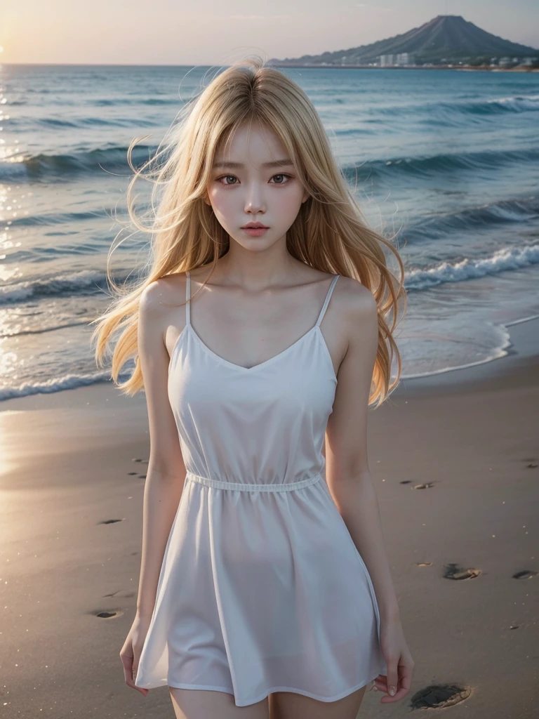 In 2d Korean Manhwa art style, a young South Korean woman aged 24, she has a small, well-proportioned face with delicate features.
Her eyes are large and expressive, with double eyelids and a captivating gaze. Her nose is thin and well defined.
Her lips are full and well-drawn.
Her long, straight hair is a shade of blonde that matches her appearance. 
Her skin is clear and smooth. Her body is of medium height and slim, with a graceful figure.
As she walks along the beachfront at sunset in Jeju, her blue-marine dress sways in the wind.