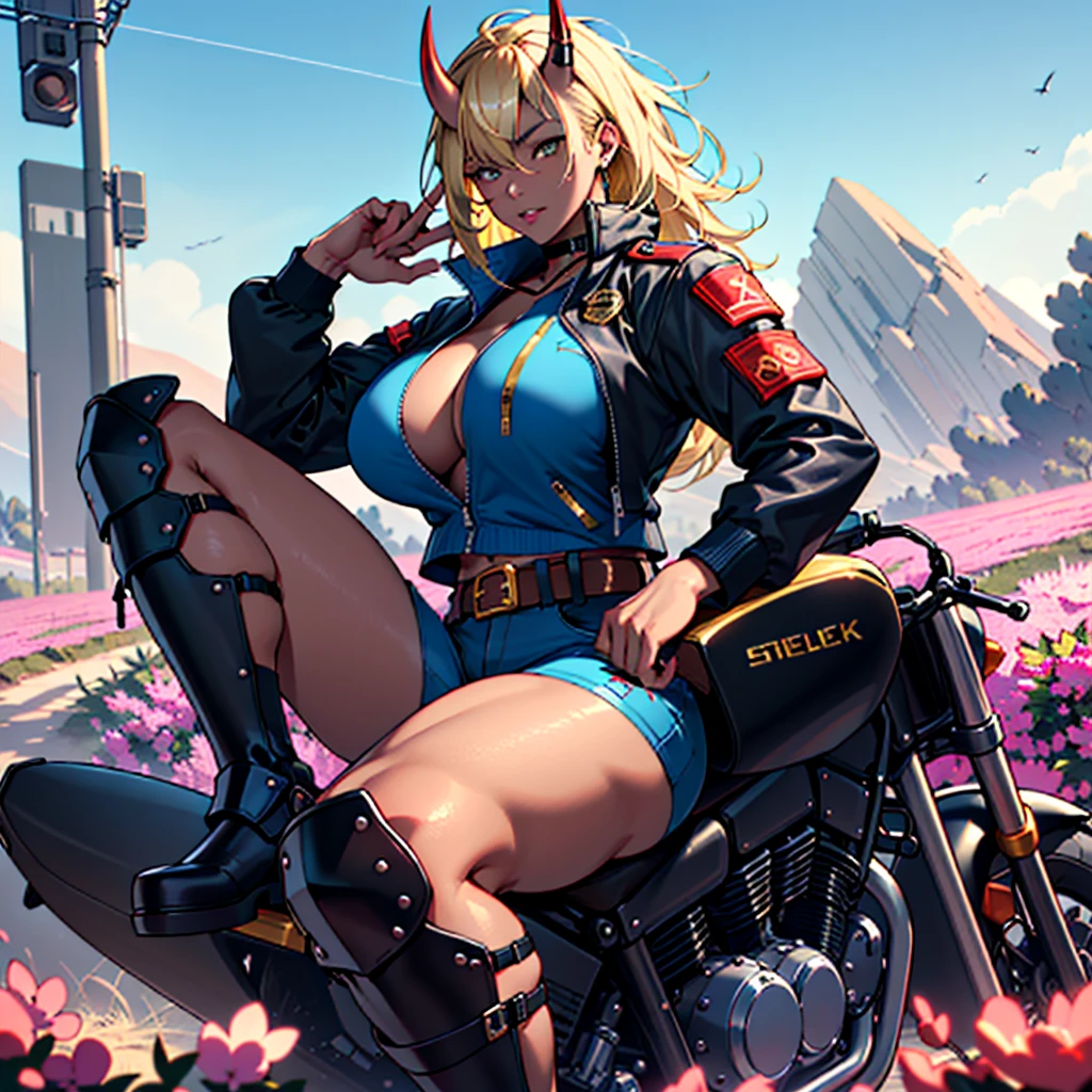 ((best quality)), ((masterpiece)), (detailed), 1girl, 8k_wallpaper, extremely detailed eyes, extremely detailed body, beautiful face, perfect face, detailed ((blonde hair)), (gold eyes), ((large big red and blue horns)), {{dark skin}}, ({dark skinned female}), gigantic breasts, thick thighs, strong arm and leg muscles, strong abdominal muscles, Monster women, Korean women, wearing a modern short black cloth jacket with rolled up sleeves, (wearing heavy gold colored steel cyberpunk armor), a wide red leather belt with blue steel yarn, steel boots, steel thigh guards, a military radio hangs on her belt, a biker girl, she rides on another planet along a lilac field against the backdrop of a blue desert and high red mountains,