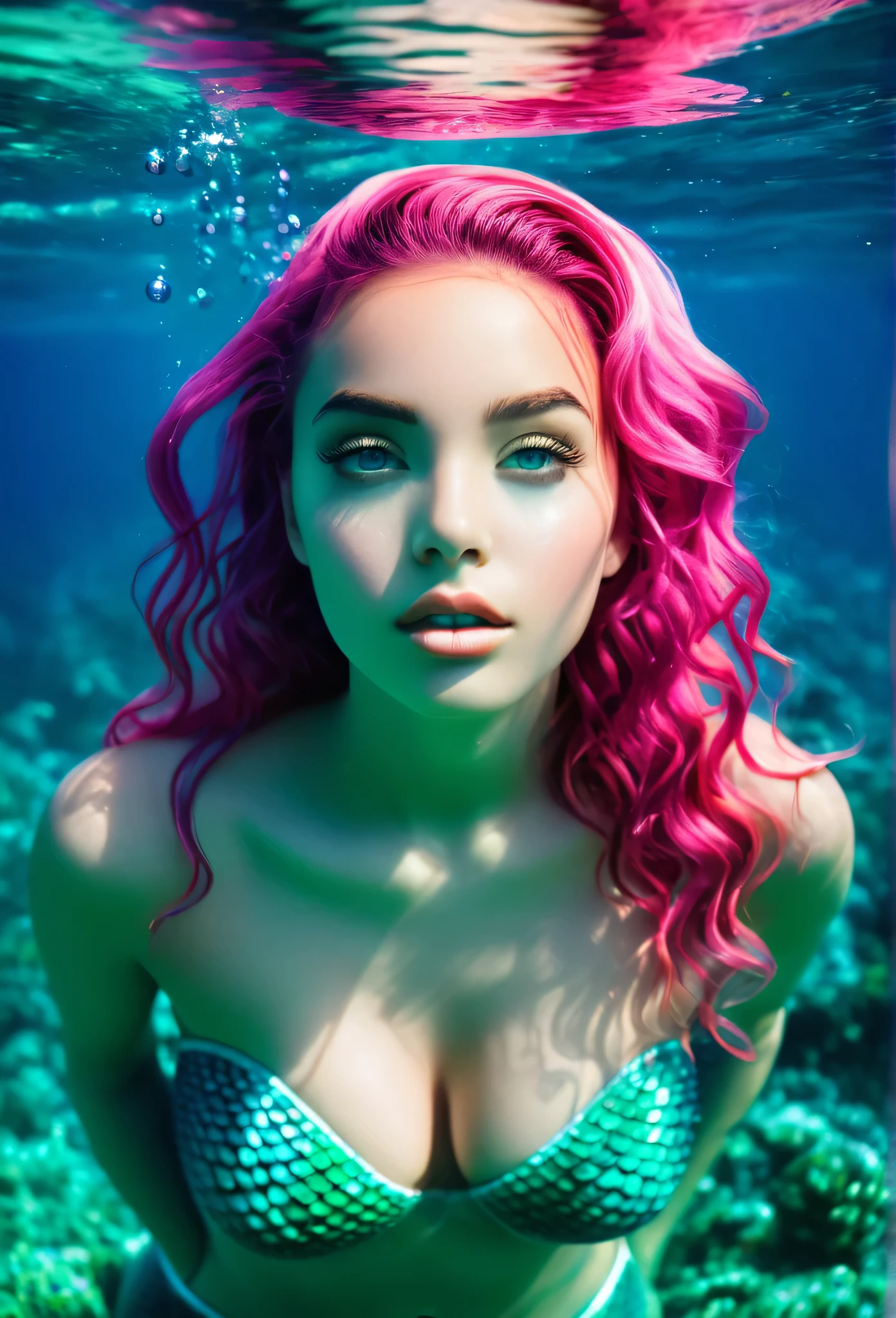 
Portrait of an extravagant and colorful woman who resembles a mermaid. perfectbody, curvaturas sexy . clean skin, Youth Resources, wide open eyes and cheeks. vibrant view, Gravity-defying hair in shades of pink and turquoise . Your hair blends in among the corals and marine animals, creating an underwater illusion. Small bubbles floating around the head add to the underwater theme. General Effect: Sensual otherworldly underwater creature in silent contemplation.
