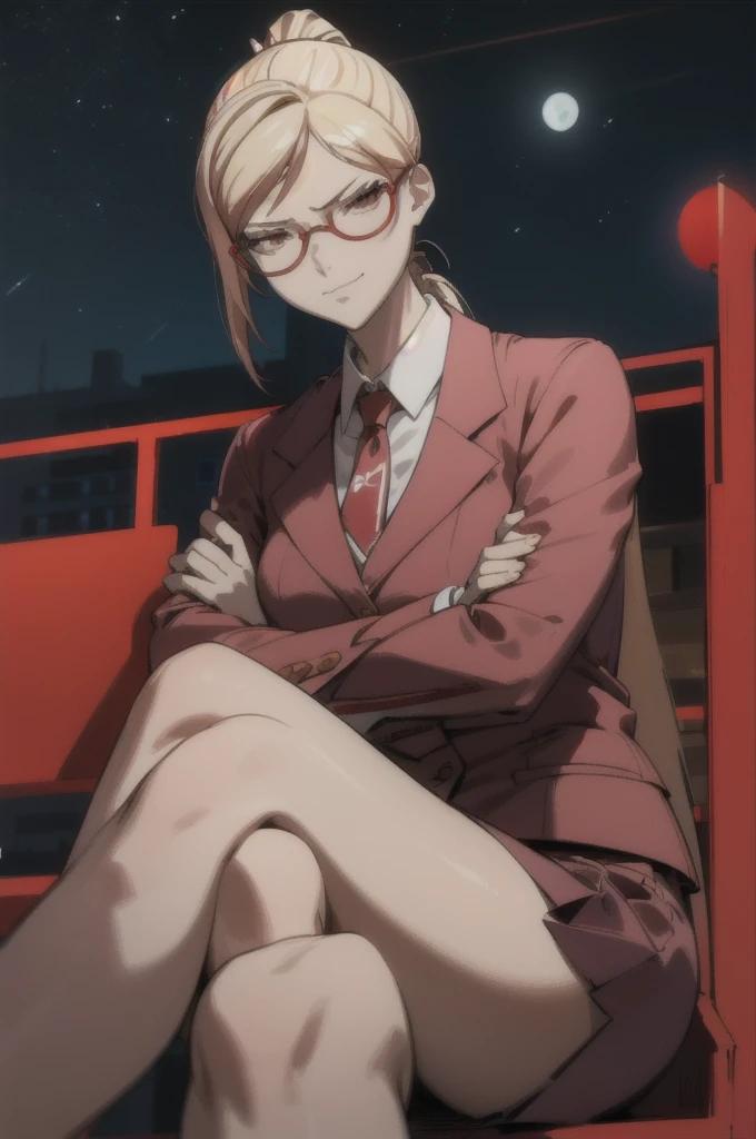 (extremely detailed fine touch:1.2),masterpiece, best quality,
Akiyama_K,1 girl, looking at viewer, swept bang,ponytail,blonde hair,red glasses,collared white shirt, red jacket, red skirt suit ,crossed legs, sitting, cute angry, closed mouth, smirk, crossed arms, outdoors,night sky,city background,
