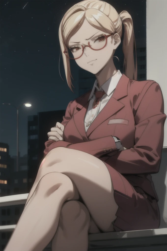 (extremely detailed fine touch:1.2),masterpiece, best quality,
Akiyama_K,1 girl, looking at viewer, swept bang,ponytail,blonde hair,red glasses,collared white shirt, red jacket, red skirt suit ,crossed legs, sitting, cute angry, closed mouth, smirk, crossed arms, outdoors,night sky,city background,
