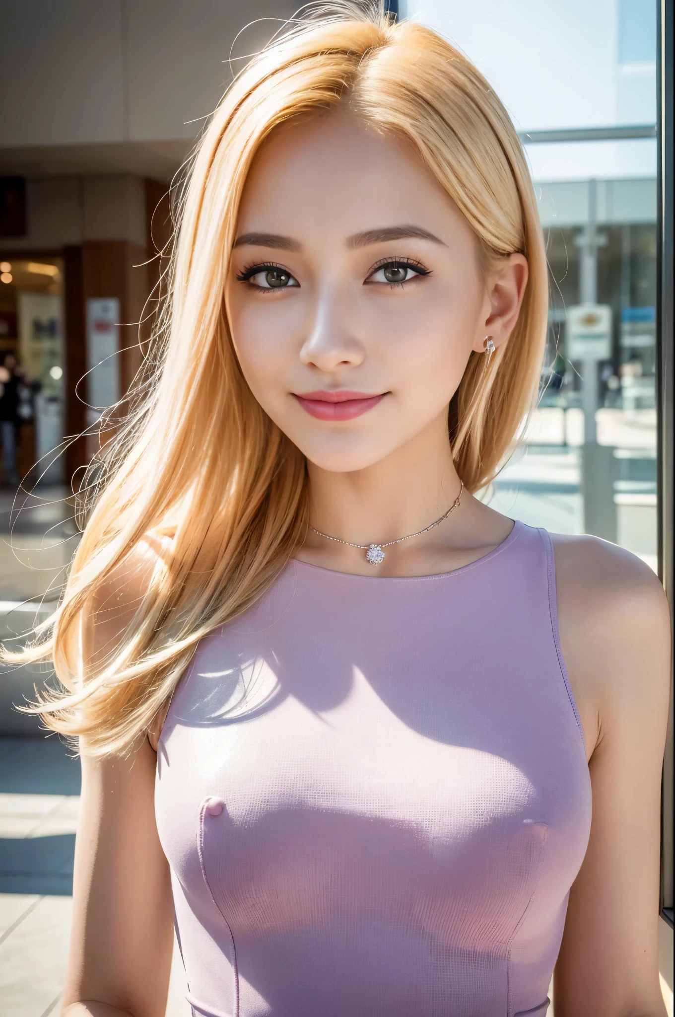 (best quality, 4k, 8k, highres, masterpiece:1.2), ultra-detailed, (realistic, photorealistic, photo-realistic:1.37), closeup, sexy seductive Swedish woman, (happy smile), (small breasts), (slim girl), long lashes, ultra detailed makeup, defined eyebrows, platinum blonde hair, fair skin, elegant posture, wearing large sparkling colorful jewelry, wearing a business style leather dress, standing in a large shopping mall, gentle sunlight shining through the shopping mall windows, casting a soft glow on her face, adding warmth to the scene, vibrant colors, capturing the essence of vibrant city life, portrait style, showcasing her natural beauty and grace in a feminine way