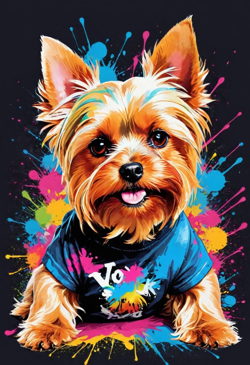 A t-shirt with vector art, colorful illustration, um Yorkshire terrier, downtown, swirly vibrant colors, paint splashes and smears, high détail, t-shirt designs
(artwork, best quality, proffesional, perfect composition, very aesthetic, absurdrez, super verbose, Intricate details:1.3)