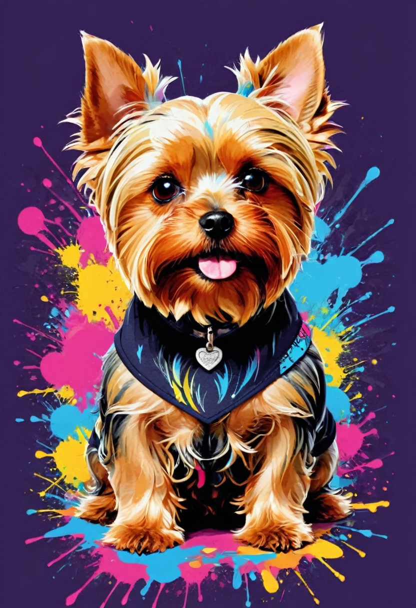 A t-shirt with vector art, colorful illustration, um Yorkshire terrier, downtown, swirly vibrant colors, paint splashes and smears, high détail, t-shirt designs
(artwork, best quality, proffesional, perfect composition, very aesthetic, absurdrez, super verbose, Intricate details:1.3)