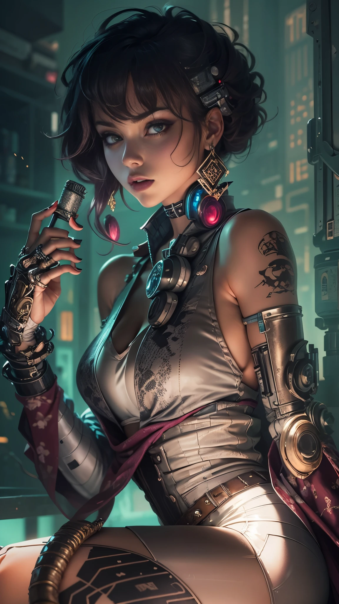 In a dimly lit, smoky cyberpunk club, a femme fatale cyborg sits solo, her mechanical joints gleaming in the flickering light. Her striking features, framed by short hair and bangs, are adorned with jewelry and a black choker. she pets a snake that gazes directly at the viewer. She wears a revealing seethrough kimono, paired with Japanese-style earrings, and holds a katana surrounded by the dark, gritty atmosphere. Her gaze is sultry, exuding an air of sexy sophistication, as if inviting the viewer to enter her world. The scene is set in a Conrad Roset-inspired style, with a focus on dark, muted tones and industrial textures.,core_9,scary, (masterpiece:1.2),ct-virtual,dcas_lora