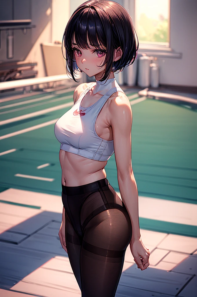 ((highest quality)),(ultra high resolution),(Super detailed),(detailed description),((best CG)),(best work of art),super precision art, great drawing art,(Art with precise details:1.5), (sleeveless sports bra with opaque waist high plain style pantyhose under crotchless panties 1 woman:1.5), beautiful and well-shaped face:1.5,(Beautiful skin with precise and detailed depiction:1.6),(:1.5),provocative angle:1.6,gorgeous, beautiful young teenage girl, , lightly tanned white skin, short shoulder length hair, sleek dark violet-black hair, Pixie cut hair, big round velvet colored eyes, fringe bangs over forehead, oval shaped face, sharp facial features, high-bridged nose, full cherry pink lips. medium height(172cm). D-cup breasts, small narrow waist. small delicate curvy hips, smooth silky thick thighs, large round ass, hourglass figure, slim yet plump thick build, standing upright, full body picture, hip-level shot. classy and opulent bedroom setting, back view