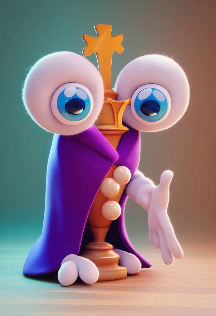 kinger, 1boy, solo, alder wood-colored king chess piece character, violet royal cloak with white fuzzy lining spotted with black, cartoonish white-gloved hands detached from body, large asymmetrical eyes, full body, source, no humans, blue eyes, 3d, source_cartoon, sleeveless, eyeballs, no mouth, white gloves