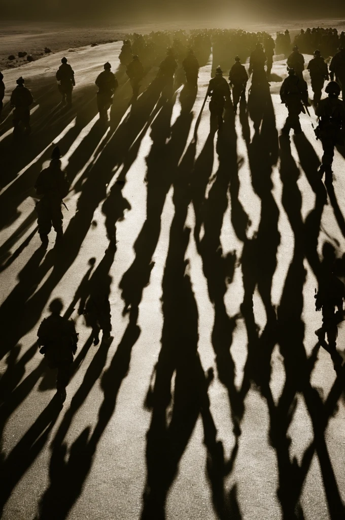 (((shadows))), (((army))) of shadows, marching toward the camera, (barren landscape)