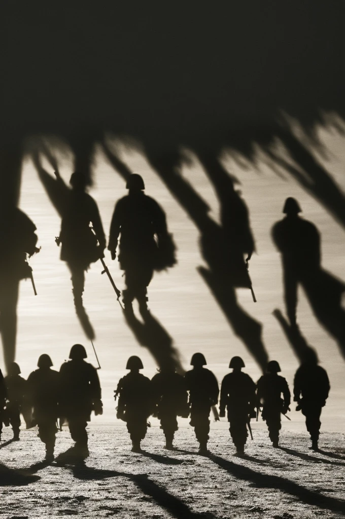 (((shadows))), (((army))) of shadows, marching toward the camera, (barren landscape)