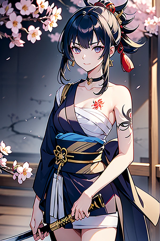 ((roll up bandage sideways on a chest tightly to cover the chest without gaps)), bandage samweways, the bantage is no chest shape, flat chest, ((Japanese Gangster BOSS)), adult woman with the dignified presence, Killing Qi, wear nothing around shoulder, wear nothing around neck, wear the kimono, wear it below the waist, (I wind it up to control it, and to attach it), ((kimono come off)) ,wear the kimono multiple times, Bare shoulders and the clavicle, black and gold kimono, put on over jacket of kimono, (holding a japanese sword which shine in purple, The handole of the sword is black, and the blade is gray, long sword), eye fire, low angle, whole body, bandage is seen, anime character, Glaring, off sholder, nappropriate smile, Excellent, black blue hair, can see both shoulder, long hem, small face, ((cherry blossam big tattoo on the arm))