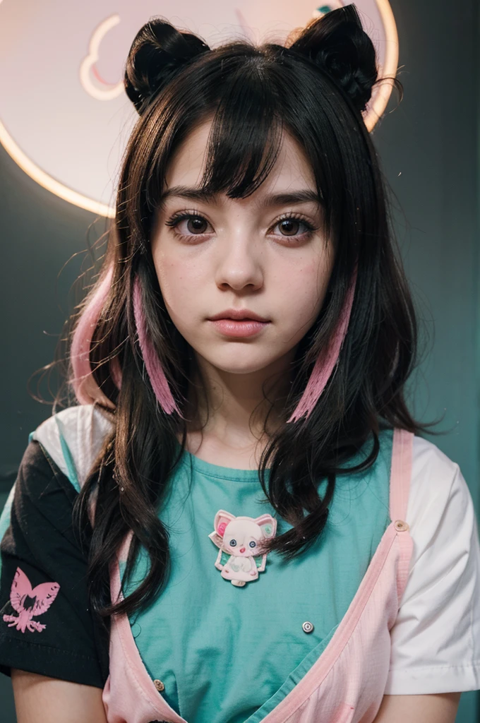 A creative illustration of a girl in Menhera style, with a dark and kawaii touch. She wears a with medical details like bandages and patches, and is surrounded by elements that mix tenderness with the disturbing., like torn stuffed animals and pastel colored syringes. The background is a combination of pastel tones and dark shadows, creating a contrast between the adorable and the disturbing.