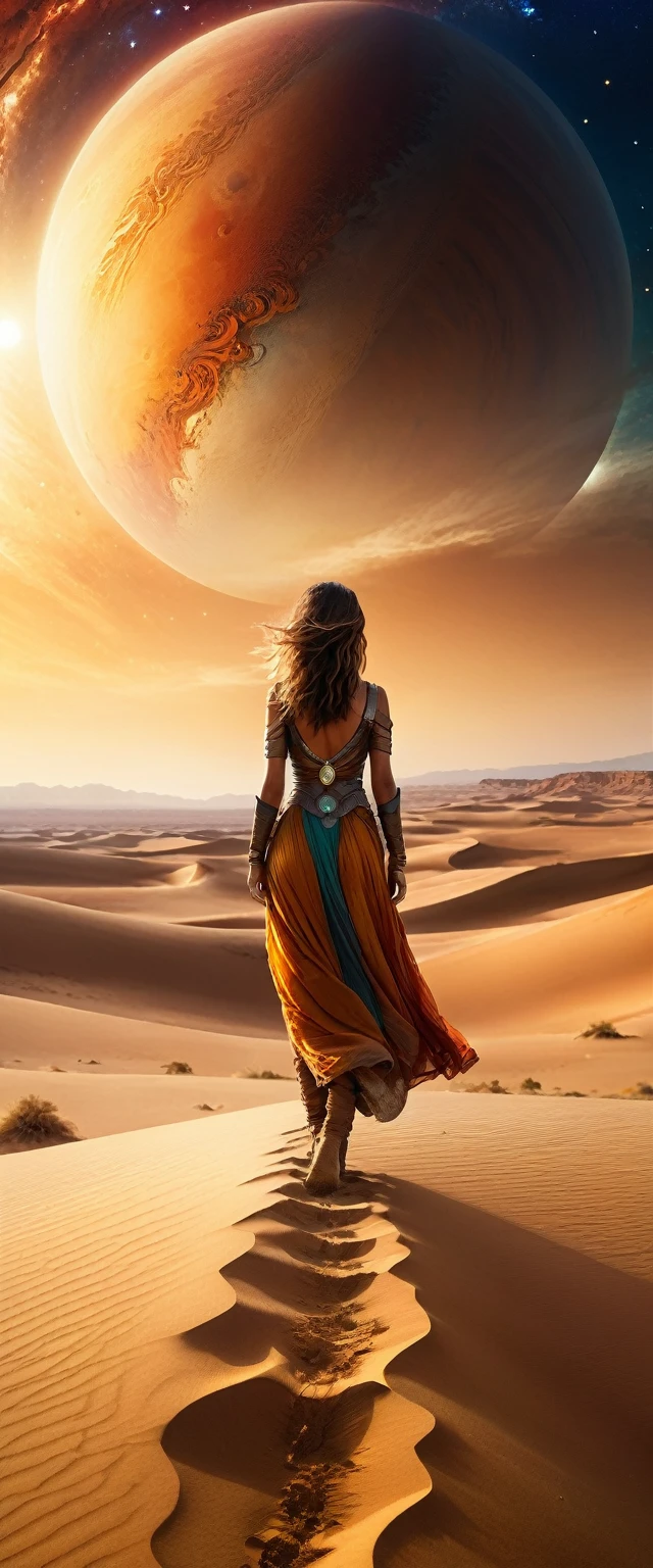 Highest quality,(masterpiece:1.2),Ultra-high resolution,Raw color photography,8K,Vast landscape photography,Realistic photos,Elaborate photos,Woman living on a sand planet,,(From the back:1.5),(From below:1.2,Woman standing on a sand planet,The vast desert spreads out before your eyes,The sky is a vast universe,Sunset),Written boundary depth,Wide Light,Low contrast,Backlight,Sharp focus,Vibrant colors,Dynamic configuration