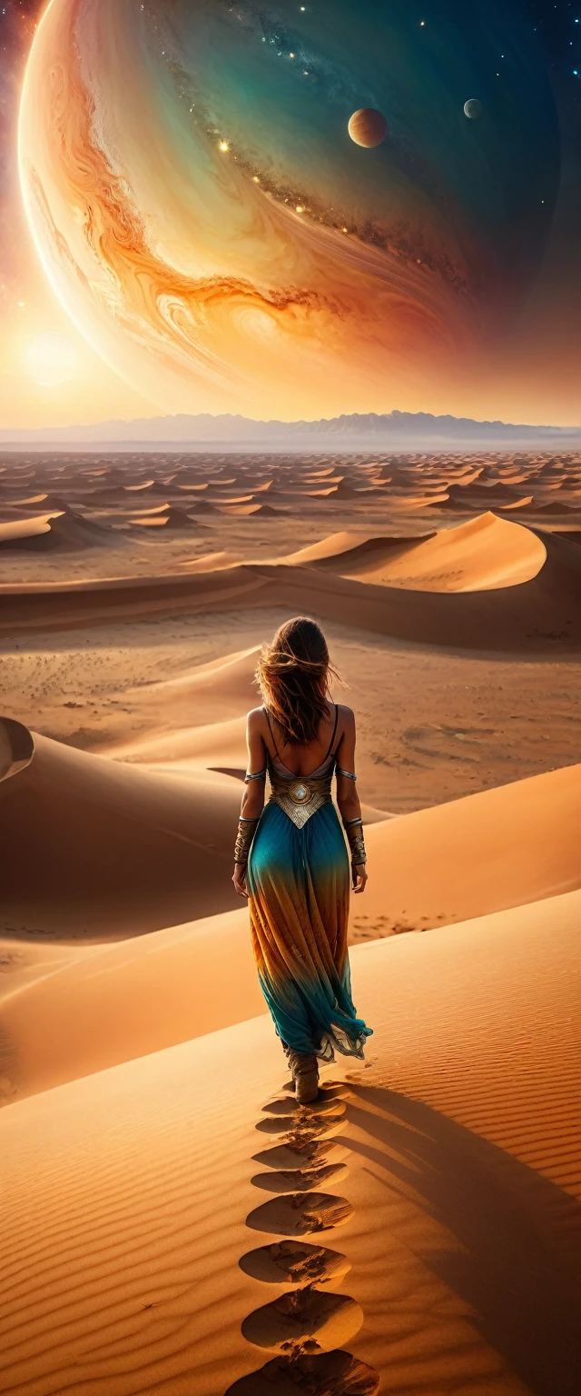 Highest quality,(masterpiece:1.2),Ultra-high resolution,Raw color photography,8K,Vast landscape photography,Realistic photos,Elaborate photos,Woman living on a sand planet,,(From the back:1.5),(From below:1.2,Woman standing on a sand planet,The vast desert spreads out before your eyes,The sky is a vast universe,Sunset),Written boundary depth,Wide Light,Low contrast,Backlight,Sharp focus,Vibrant colors,Dynamic configuration