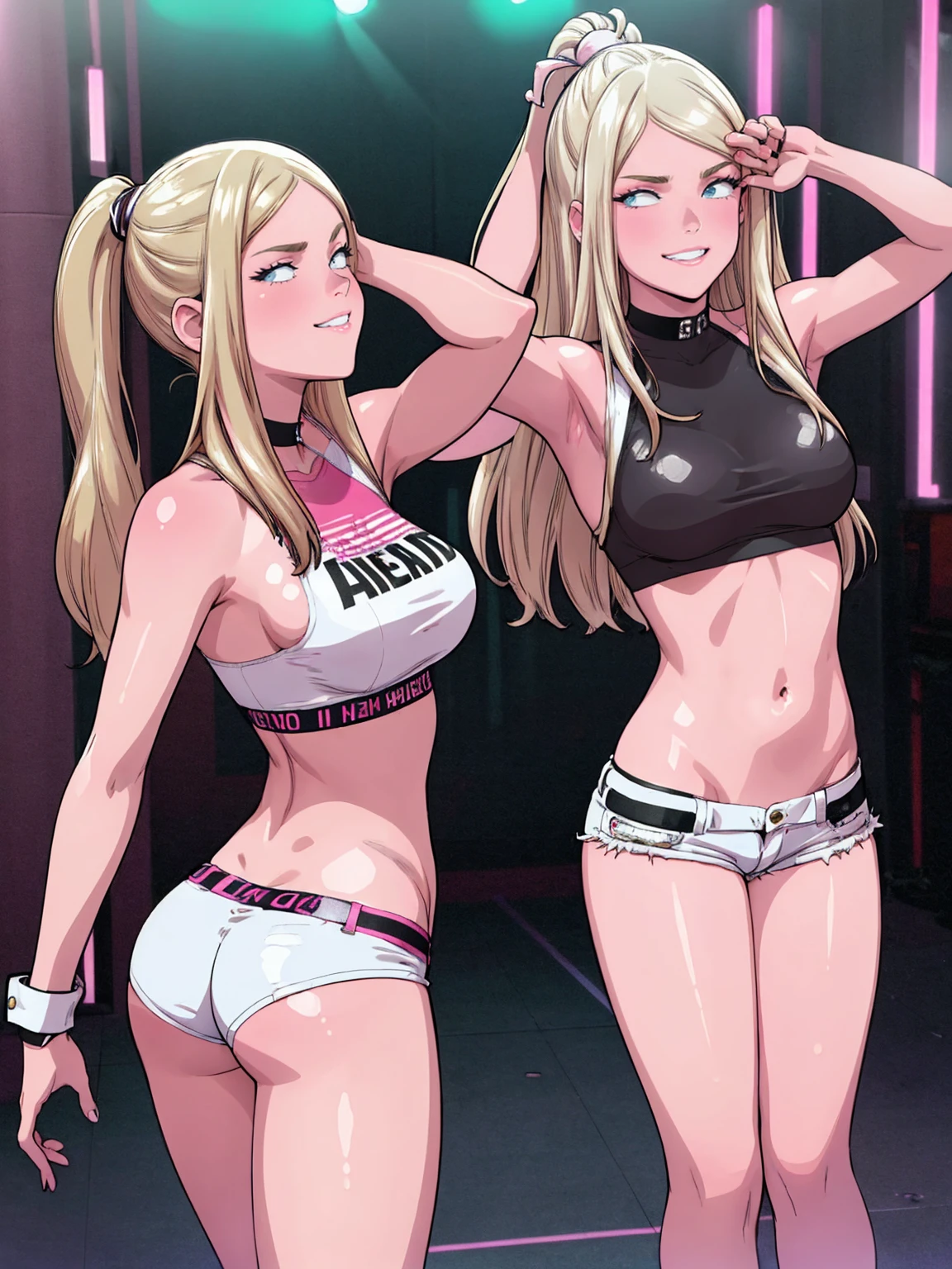 masterpiece, best quality, (2 girls:1.5), nice hips, slut, slutty bimbo clothes, medium breasts, smile, slut, young girl, bratty girl, wide hips, (white crop top), (white shorts), midriff, hip sway, slutty dancing, (nightclub), neon lights, (nightclub:1.5), neon lights, detailed eyes, pink and white outfits, straight hair, different haircolors, blonde, brunette, (view from font), ((motion lines)), slutty facial expression, (dancing), smiling, dancing, (twerking), tight clothes, open fly,