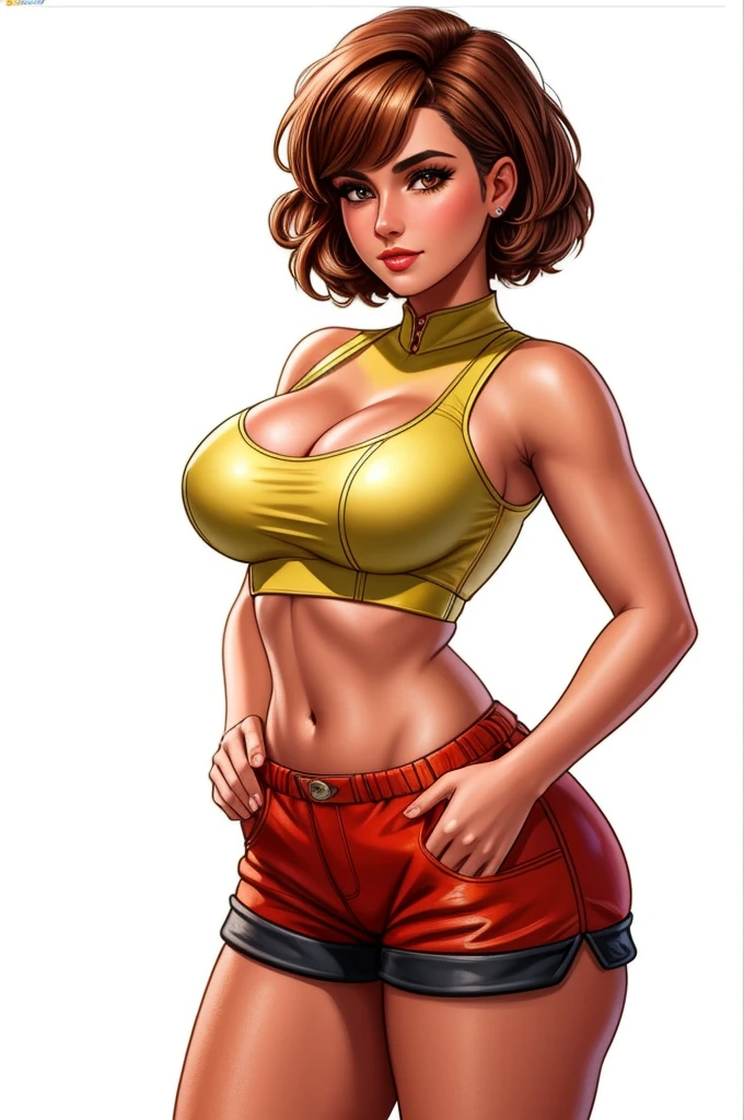pretty woman, (1girl:1.3),
Peplum Top,
Brown highlights hair,
Pixie cut,
High-waisted shorts,
rubenesque, pinup,
cowboy shot, standing , in a retro-futuristic setting, atompunk style,white background, blank background,, (Extremely Detailed Oil Painting:1.2), glow effects, godrays, Hand drawn, render, 8k, octane render, cinema 4d, blender, dark, atmospheric 4k ultra detailed, cinematic sensual, Sharp focus, humorous illustration, big depth of field, Masterpiece, colors, 3d octane render, 4k, concept art, trending on artstation, hyperrealistic, Vivid colors, extremely detailed CG unity 8k wallpaper, trending on ArtStation, trending on CGSociety, Intricate, High Detail, dramatic, absurdes