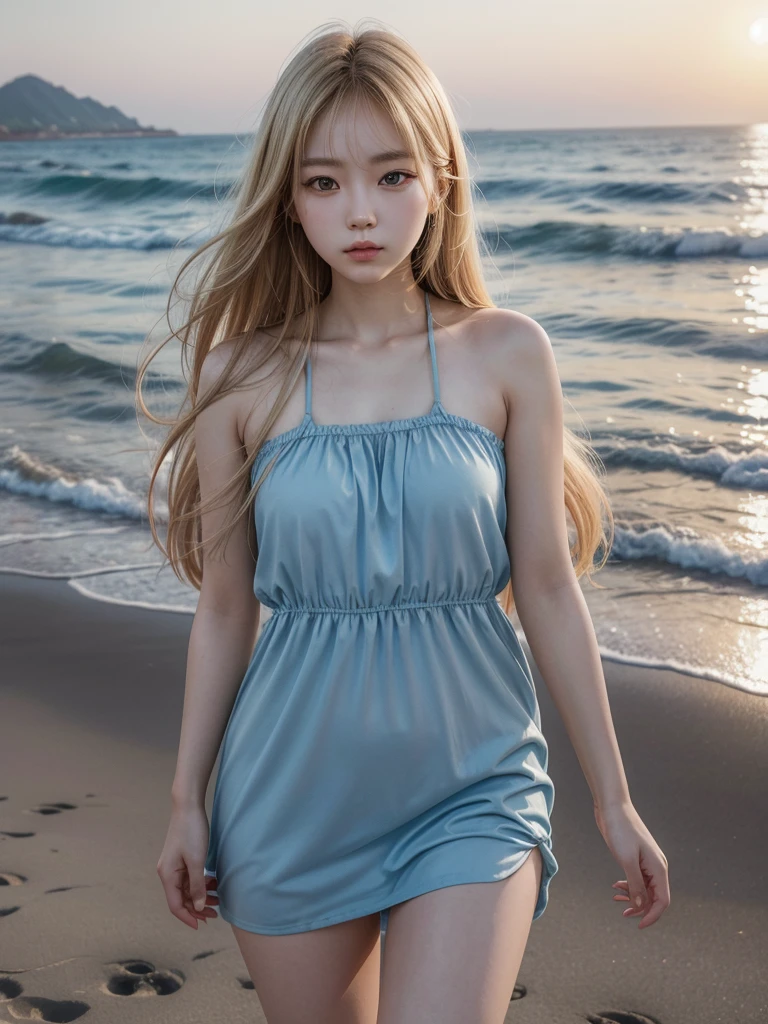 In 2d manga art style, a young South Korean woman aged 24, she has a small, well-proportioned face with delicate features.
Her eyes are large and expressive, with double eyelids and a captivating gaze. Her nose is thin and well defined.
Her lips are full and well-drawn.
Her long, straight hair is a shade of blonde that matches her appearance.
Her skin is clear and smooth. Her body is of medium height and slim, with a graceful figure.
As she walks along the beachfront at sunset in Jeju, her blue-marine dress sways in the wind.