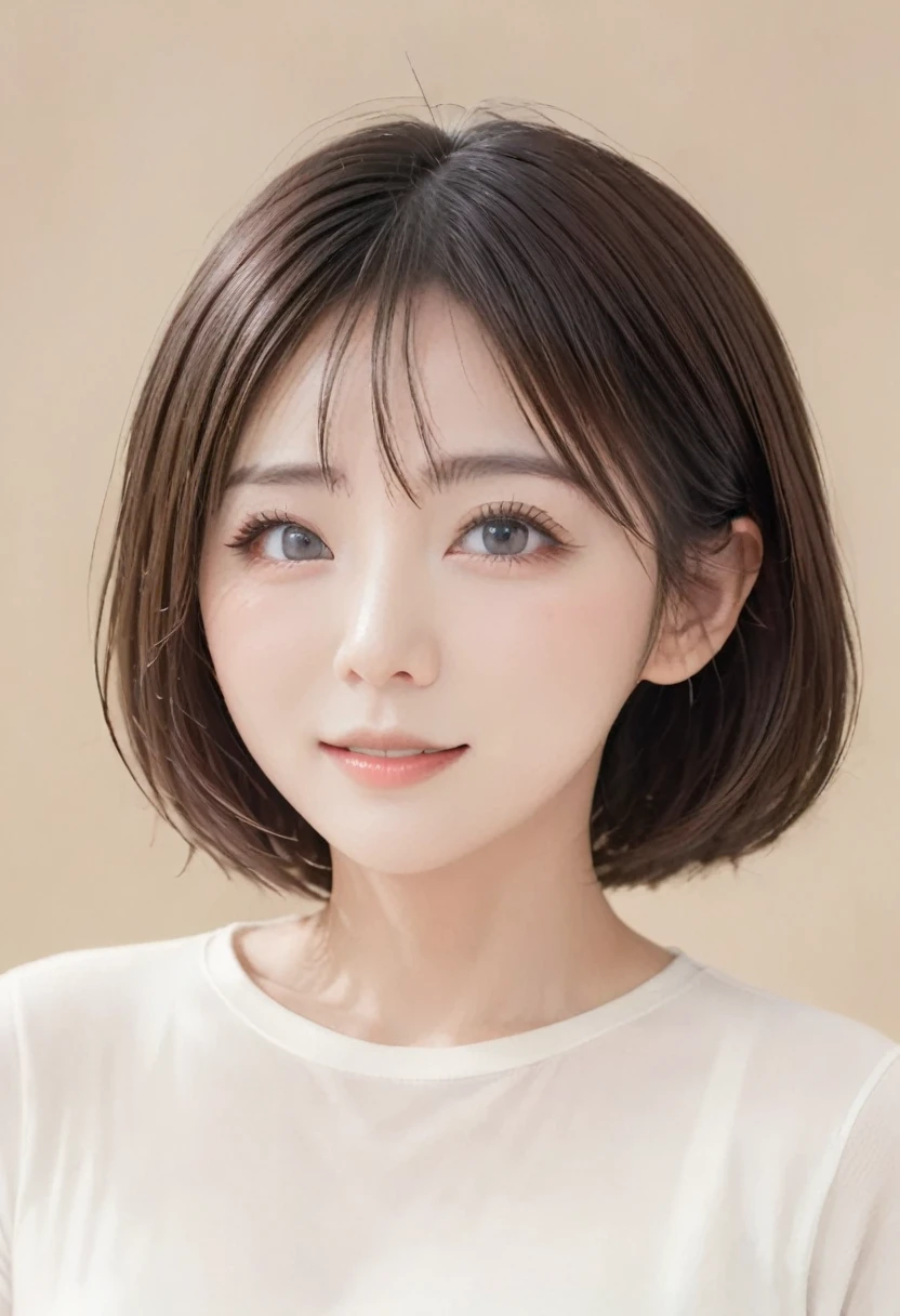 ((Highest quality, 8K, masterpiece, Portraiture: 1.3)), (Looking up at the audience),Realistic, Sharp focus, Beautiful Japanese Woman, Cowboy Shot、White T-shirt、 25-year-old housewife、,One-length short bob cut、, ((Beautifully detailed skin)), ((double eyelid, eyelash, Lip gloss)), Standing at the entrance to greet you、Detailed face、Detailed eyes、Symmetrical eyes、