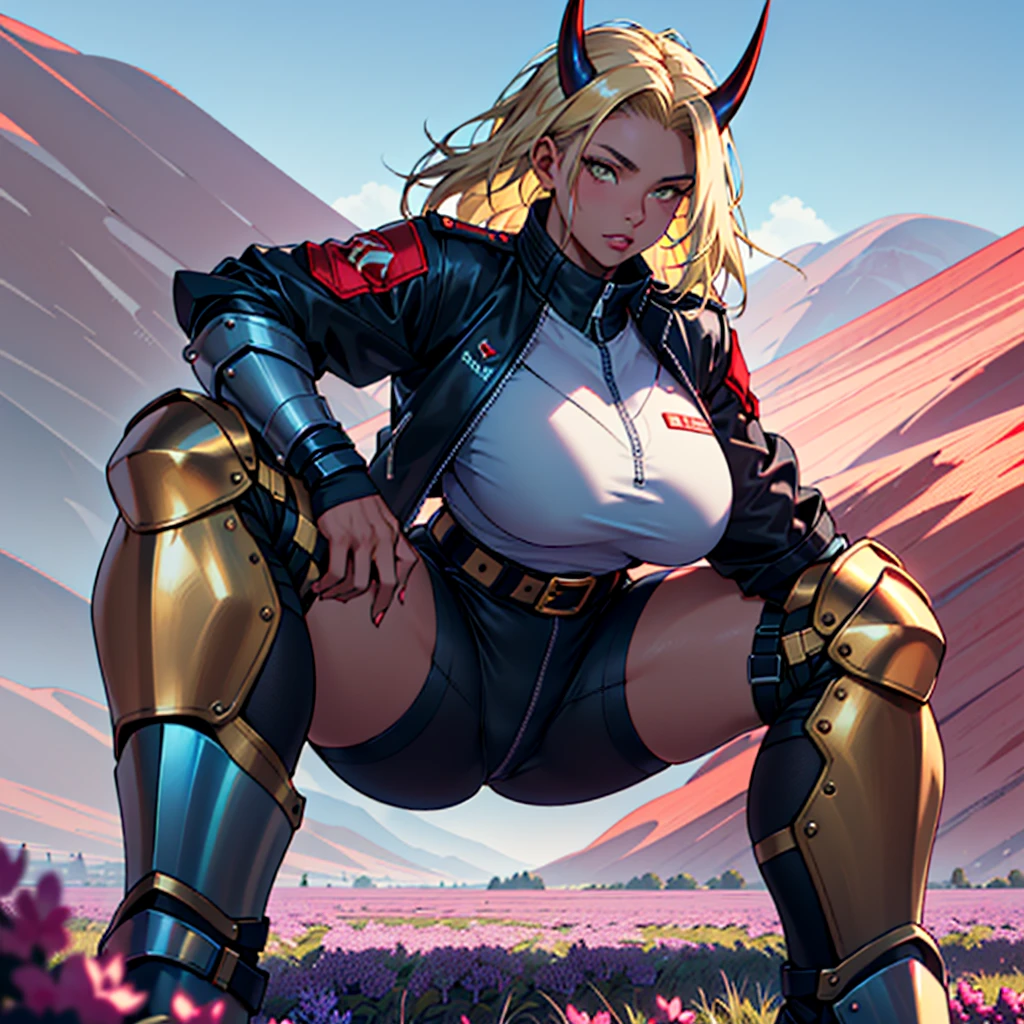 ((best quality)), ((masterpiece)), (detailed), 1girl, 8k_wallpaper, extremely detailed eyes, extremely detailed body, beautiful face, perfect face, detailed ((blonde hair)), (gold eyes), ((large big red and blue horns)), {{dark skin}}, ({dark skinned female}), gigantic breasts, thick thighs, strong arm and leg muscles, strong abdominal muscles, Monster women, Korean women, wearing a modern short black cloth jacket with rolled up sleeves, (wearing heavy gold colored steel cyberpunk armor), a wide red leather belt with blue steel yarn, steel boots, steel thigh guards, a military radio hangs on her belt, a biker girl, she rides on another planet along a lilac field against the backdrop of a blue desert and high red mountains,