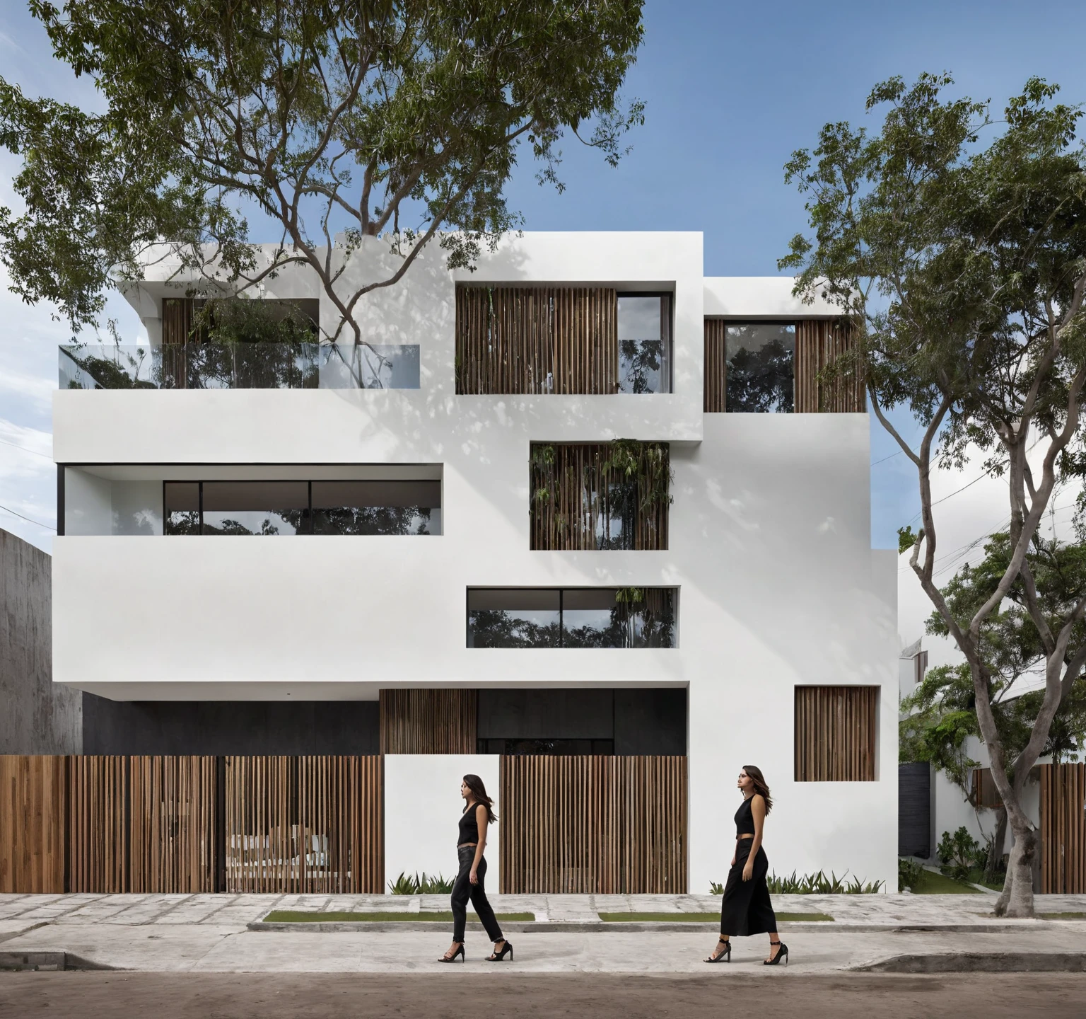 There is a woman standing outside a house with a fence, freddy mamani wild facade, by Carlos Enriquez Gomez, by Julio González, front view, by Alejandro Obregón, street view, by Hugo Sánchez Bonilla, view from the street, Exterior view, by Maximilian Cercha