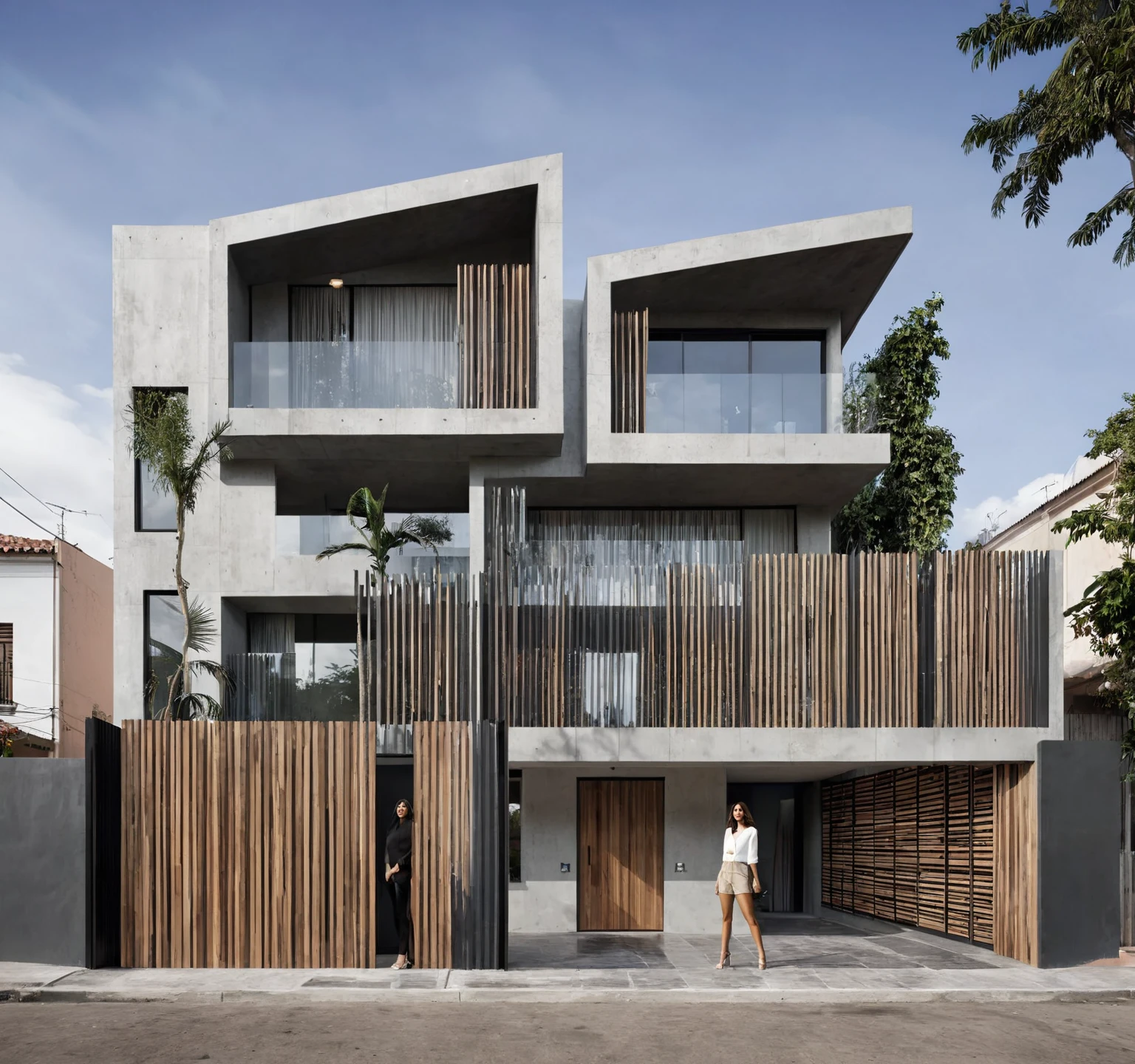 There is a woman standing outside a house with a fence, freddy mamani wild facade, by Carlos Enriquez Gomez, by Julio González, front view, by Alejandro Obregón, street view, by Hugo Sánchez Bonilla, view from the street, Exterior view, by Maximilian Cercha