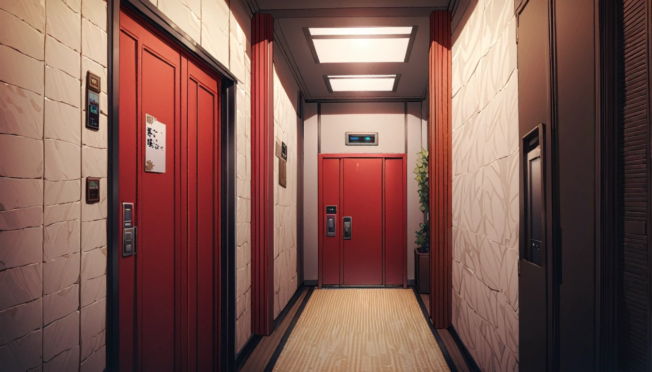 The stone building has a red door、There is a sign on the wall, Elevatorシャフトの反対側, light coming from the Entrance, Elevator, Entrance, Inside the building, Elevator doors look like a mouth, In a Japanese apartment, doors to various living quarters, Located in the Hacibektas Complex, Apartment hallway, Shot with Sony A7R camera