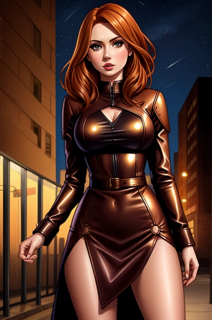 detailed Karen Gillan dress,leather,

copper hair,golden hair,night black hair,

urban setting
1girl, sexy 19 year old woman