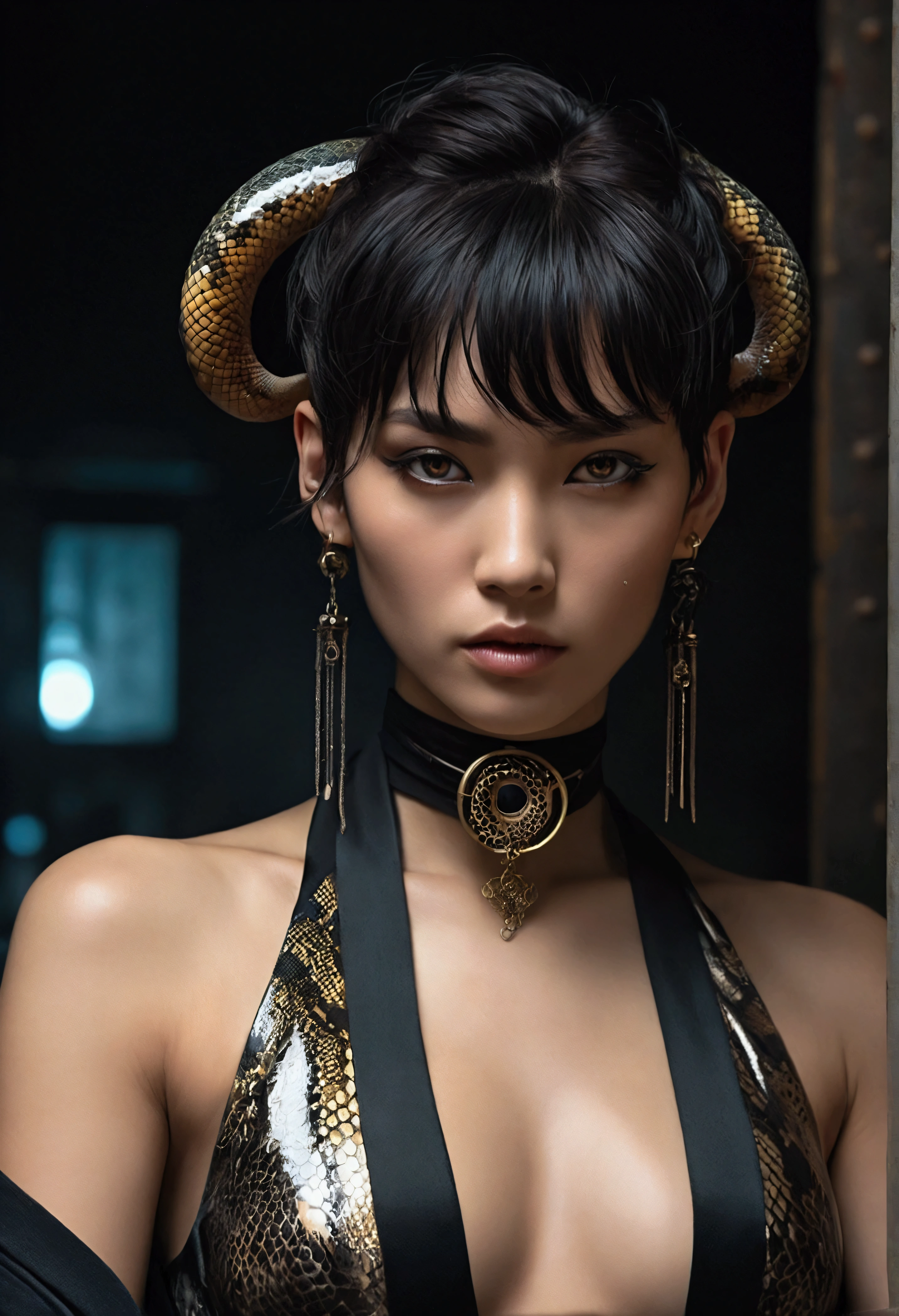 In a dimly lit, smoky cyberpunk club, a femme fatale cyborg sits solo, her mechanical joints gleaming in the flickering light. Her striking features, framed by short hair and bangs, are adorned with jewelry and a black choker. she pets a snake that gazes directly at the viewer. She wears a revealing seethrough kimono, paired with Japanese-style earrings, and holds a katana surrounded by the dark, gritty atmosphere. Her gaze is sultry, exuding an air of sexy sophistication, as if inviting the viewer to enter her world. The scene is set in a Conrad Roset-inspired style, with a focus on dark, muted tones and industrial textures.,core_9,scary, (masterpiece:1.2),ct-virtual,dcas_lora