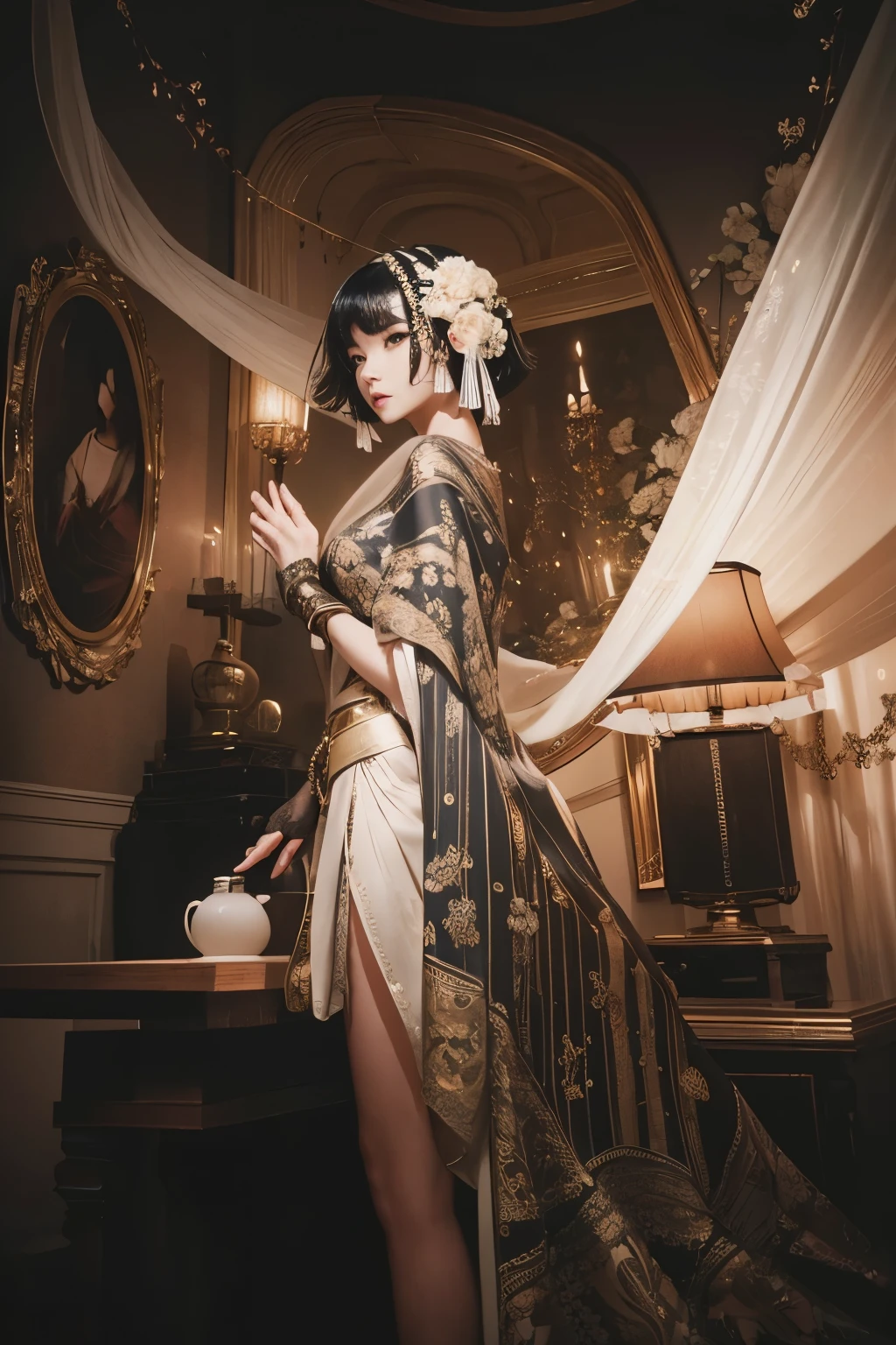 (Best quality, 8k, 32k, Masterpiece, UHD:1.2) "Generate a captivating artwork featuring a young Japanese girl model with short, sleek black hair styled in a chic bob haircut. Envision her bathed in dramatic cinematic lighting, creating an atmosphere of allure and mystery. Emphasize a romantic aesthetic vibe, showcasing the model in a poised and elegant pose that evokes a sense of intimacy and sophistication. Utilize warm and soft tones to enhance the romantic ambiance, and consider incorporating elements like flowing fabrics or flowers to add a touch of ethereal beauty. Capture the essence of romance and beauty through the model's expression, the play of light and shadows, and the overall aesthetic, creating a visually compelling and emotionally resonant piece." (perfect eyes), flawless skin, flawless face, cinematic, tight body, ((well-proportion female hands)), ((female hands with five digits))
