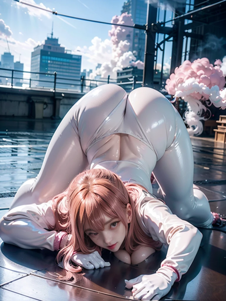 in 8K、超A high resolution、Best Quality、masutepiece (huge-breasted、Toned body:1.2)((glossy white、Tight enamel rubber suit、Enamel pants:1.4))(New York's Buildings、Smoke from manholes:1.5) (long straight beautiful pink hair:1.4)(embarassed expression、big eye、Distinct double eyelids、Lashes:1.3)(gazing at viewer、Highlights in the eyes、Light brown eyes、Pinclip Gloss)piercings、pin heels、(stick out buttocks、bending forward:1.1)