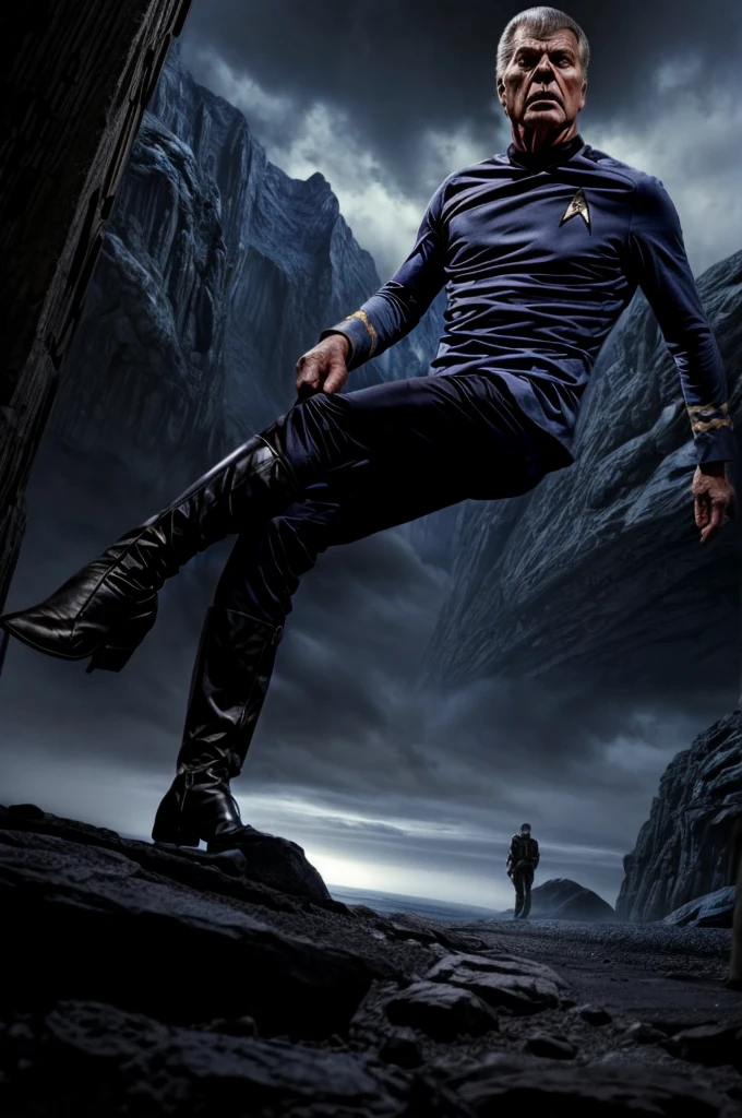 [(cinematic, digital painting:1.3) ::0.40], (masterpiece:1.40), [(gravely wounded Captain Kirk:1.3), (stoic Spock:1.2)], (confront a dangerous situation:1.3), [(fearless Starfleet officers:1.1)], on an alien planet, [(ominous alien adversaries:1.2), (giant alien structures:1.3)], (intense atmosphere:1.1), (eerie blue mist:1.1), Captain Kirk (struggles to give orders:1.2), with a (firm and commanding voice:1.1), Spock (provides emotional support:1.1) and (tactical guidance:1.2), (sharp and menacing features:1.2), balanced and visually striking, (digital art:1.3), (high detail:1.2)
startrektos uniform
startrektos dress
