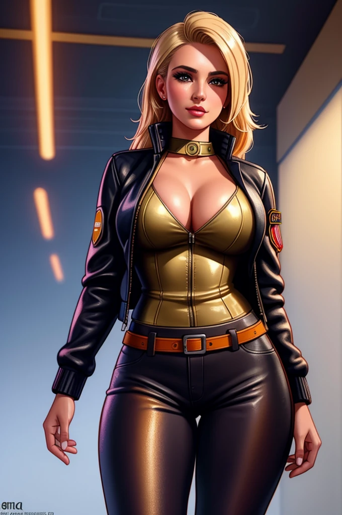 pretty woman, (1girl:1.3),
Leather Jacket,
Dirty blonde hair,
Culottes,
rubenesque, pinup,
cowboy shot, standing , in a retro-futuristic setting,
white background, blank background,, (Extremely Detailed Oil Painting:1.2), glow effects, godrays, Hand drawn, render, 8k, octane render, cinema 4d, blender, dark, atmospheric 4k ultra detailed, cinematic sensual, Sharp focus, humorous illustration, big depth of field, Masterpiece, colors, 3d octane render, 4k, concept art, trending on artstation, hyperrealistic, Vivid colors, extremely detailed CG unity 8k wallpaper, trending on ArtStation, trending on CGSociety, Intricate, High Detail, dramatic, absurdes