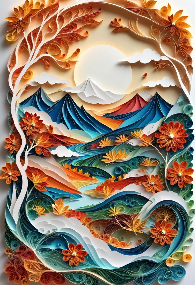 paper cutting art,(Flat paper cutout,paper art,layered paper art,quilling de papel, digitl art),against a pure white background, paisaje,(high détail, work of art, best qualityer, ultra HD)