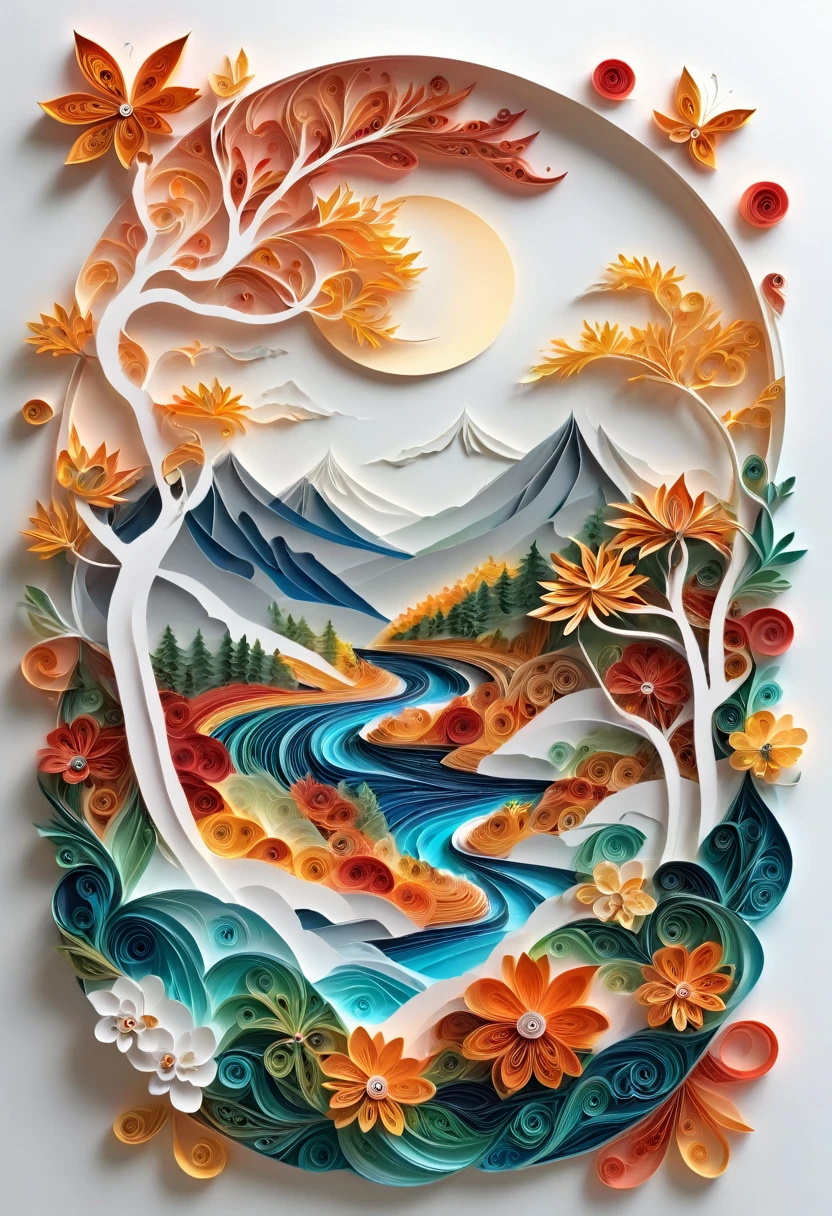 paper cutting art,(Flat paper cutout，paper art，layered paper art，quilling de papel, digitl art),against a pure white background, paisaje，(high détail, work of art, best qualityer, ultra HD)