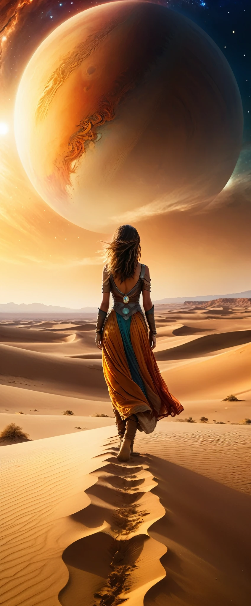 Highest quality,(masterpiece:1.2),Ultra-high resolution,Raw color photography,8K,Vast landscape photography,Realistic photos,Elaborate photos,Woman living on a sand planet,,(From the back:1.5),(From below:1.2,Woman standing on a sand planet,The vast desert spreads out before your eyes,The sky is a vast universe,Sunset),Written boundary depth,Wide Light,Low contrast,Backlight,Sharp focus,Vibrant colors,Dynamic configuration