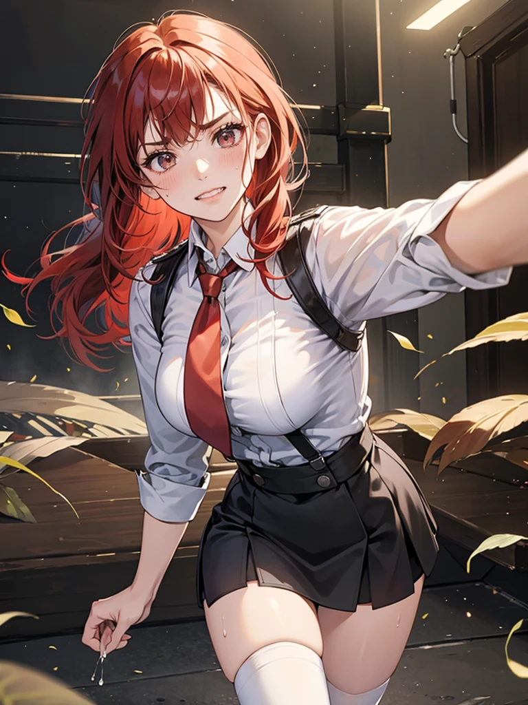 {{masterpiece}}, {{{best quality}}},{{ultra-detailed}}, {{illustration}},{{tall stature}},{{adult women}},,{{fighting stance}},{ryona},{{long sleevesMiniskirt Uniform}},{{losing by misusing one's powers}},}}{defensive stance}},{{fight}},{Jumping},{fatigue}, ,{{anguish}},{{fpigeon toed}},,{{}},{{}},,{{}},{{}},,slender body}}{{Evading}}{{policewoman}},,,,suspenders ,long sleevesMiniskirt Uniform, white high socks,black fingerless gloves, Long red hair, red tie,Straight hair ,Blunt bangs,Thigh holster,.brown loafer,,blush,furrowed ,brow,clenched teeth,suffering,v-shaped eyebrows.,be dripping with sweat,medium breasts ,frustrating,,slum quarters,,twisting around,